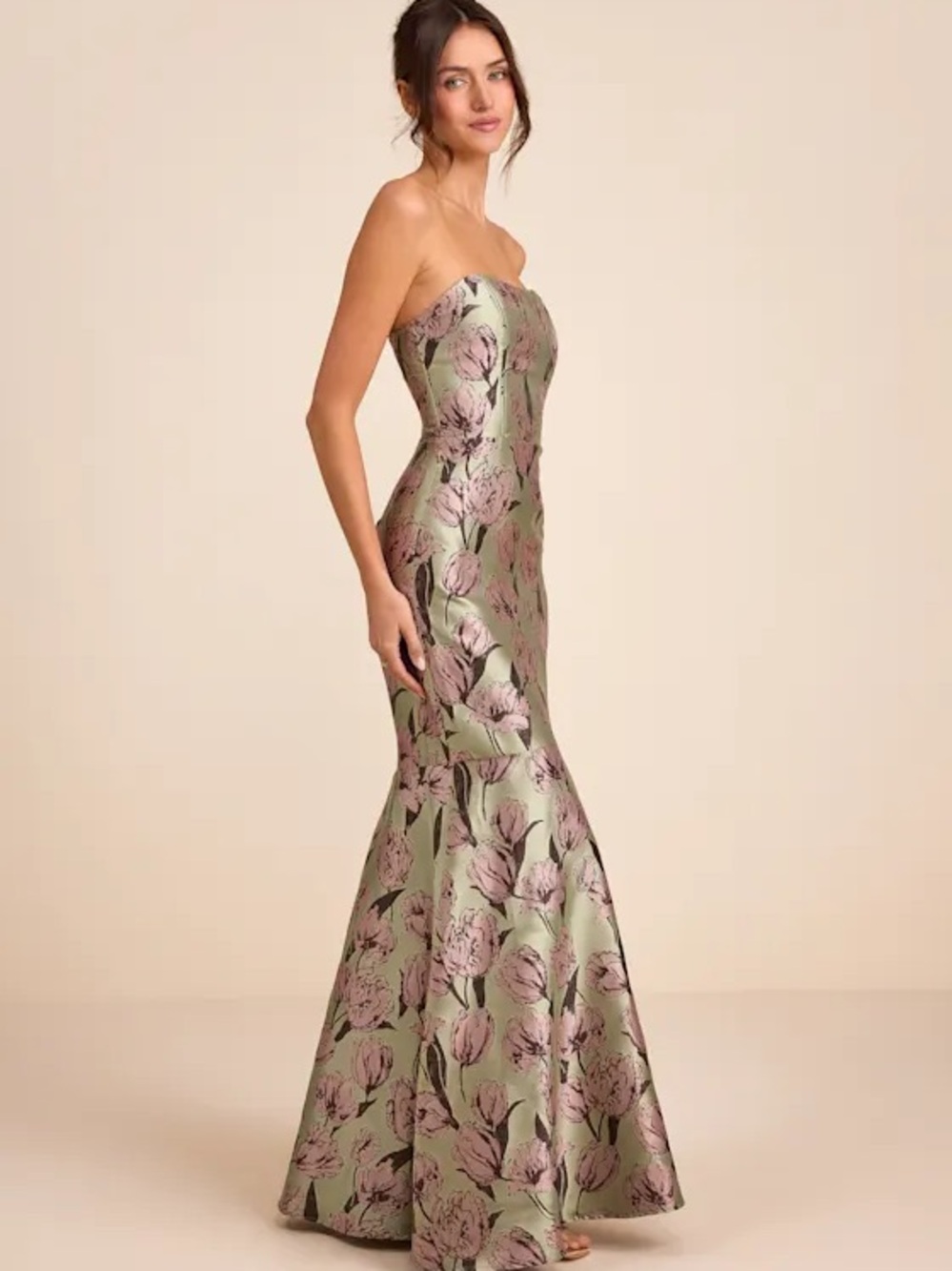 Lulu's Strapless Green Floral Mermaid Gown